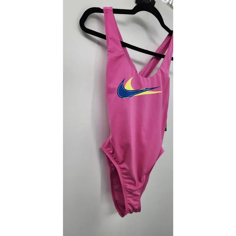 New NWT Nike Swim Multi Logo Pink Blue Women's Swimsuit One‎ Piece Size Small